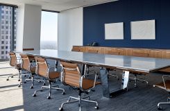 A stunning MESA conference table with storage credenza in Quarter Cut Paldao. thumbnail